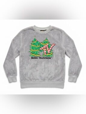 MTV Christmas Sweatshirt Men's Medium Gray Faux Fur Sherpa Fuzzy Pullover